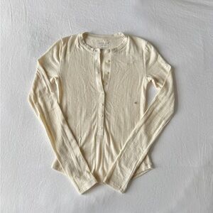 American Eagle Outfitters | Ribbed Button-Up Henley Long Sleeve Top Cream